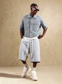 SUMWON 闪光效果短袖牛仔衬衫宽松剪裁休闲纽扣领复古风格春夏街头时尚夹克