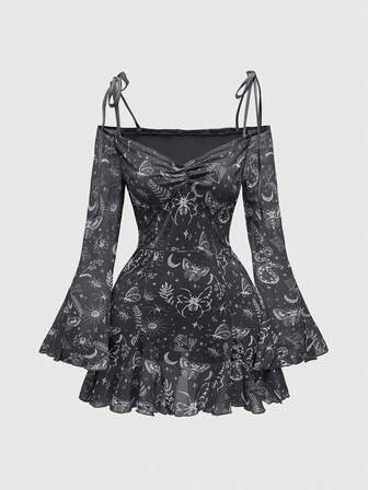 Goth Vestido Cami Sexy para Mujer con Estampado de Mariposa, Araña, Insecto y Flores, Con Hombros Descubiertos