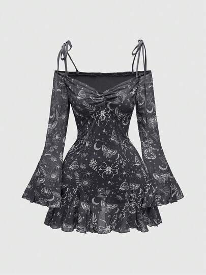 Goth Women's Sexy Off Shoulder Butterfly Spider Insect Floral Allover Print Cami Dress