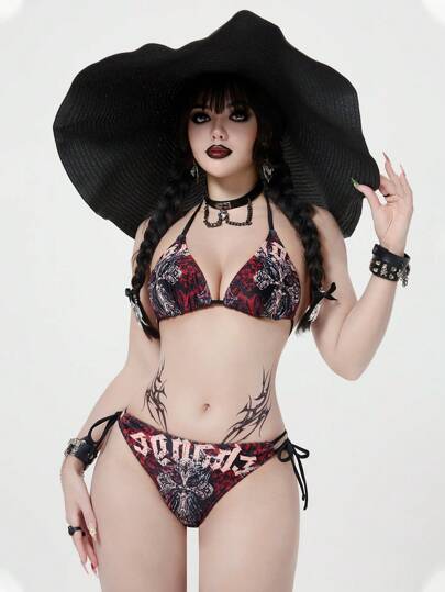 Goth 2pcs Women Punk Cross Decor Maroon & Black Tankini Swimsuit Set, Casual For Spring/Summer Beach Party Holiday