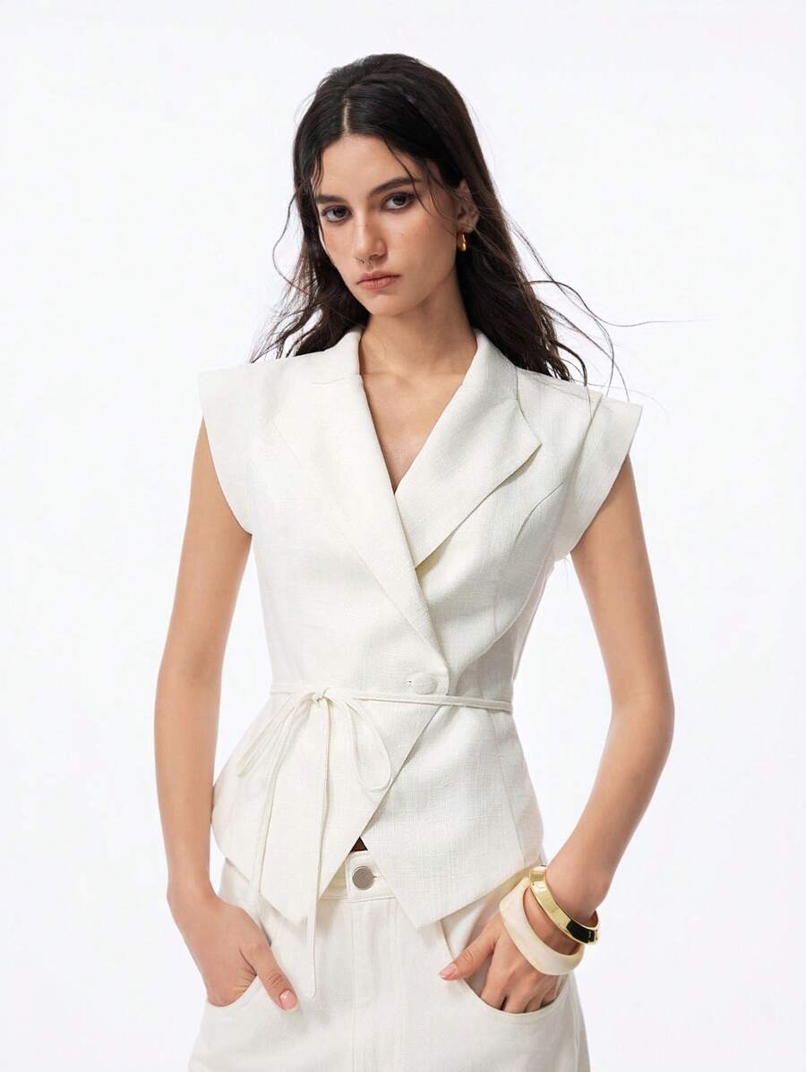 LYSMO Áo khoác blazer dáng ôm dáng chữ A, dáng dài, chất liệu vải lanh cao cấp, thời trang xuân hè 2025 dành cho nữ, kiểu dáng cổ điển, tay bồng, ve áo chéo, thắt eo, hoàn hảo cho phong cách thanh lịch cổ điển và công sở thường ngày vào mùa thu/đông - Màu be - Xem 1