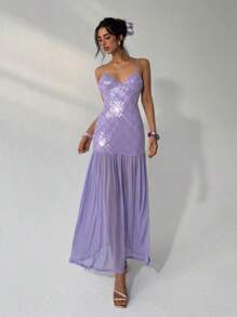 Aloruh Vestido de tirantes nuevo para mujer, vestido de verano para mujer, vestido de lentejuelas, vestido de estilo romántico retro de hadas en color púrpura claro, vestido extra largo, vestido de fiesta para mujer, vestidos para mujer en otoño, vestidos elegantes para mujer