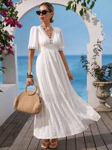 Vivid Eden Women's Summer Vacation Geometric Textured V-Neck Puff Sleeve Lace Trim Long Dress, Summer Dresses For Women,Beach Outfits For Woman,Summer Outfits For Women ,Sun Dresses For Women ,Summer Dresses For Vacation ,White Beach Dress,Elegant Dresses For Women,Boho Clothes Women