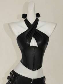 SHEIN ICON Y2k Going Out Summer Sexy Concert Burgundy PU Leather Halter Neck Women's Sexy Solid Backless Halter Tank Top, Summer - Black - View 9