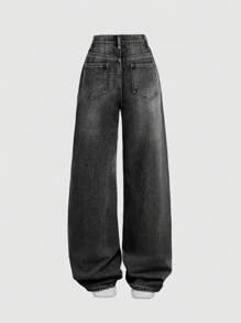 SHEIN Teen Girls Casual Streetwear Loose Fitting Boyfriend Style Solid Color Wide Leg Jeans - Grey - View 2