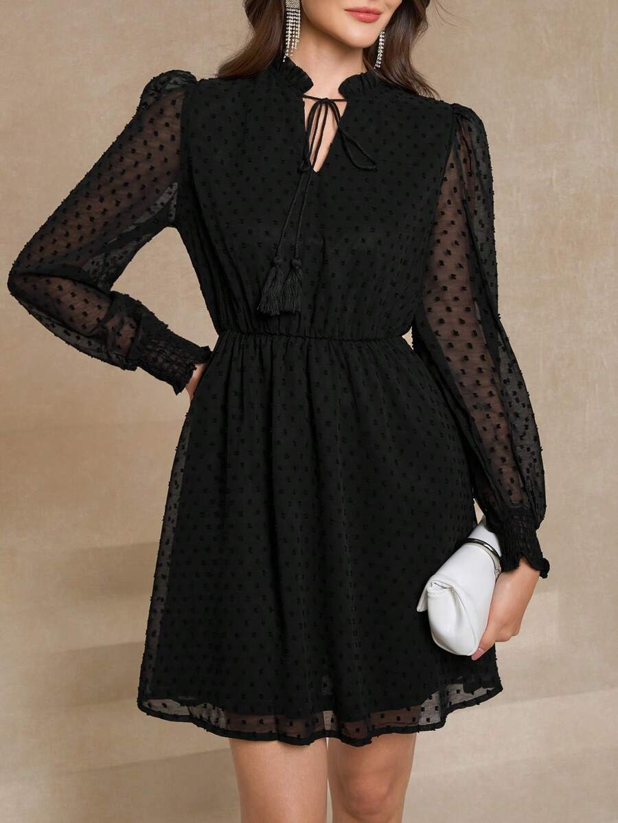 Amorya Swiss Dot Tie Neck Frill Trim Dress Black Dress Dress For Wedding Guest