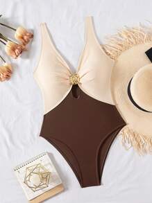 Swim Chiccia 全新女式拼接镂空性感优雅度假简约连体泳衣 - 彩色 - 查看 6