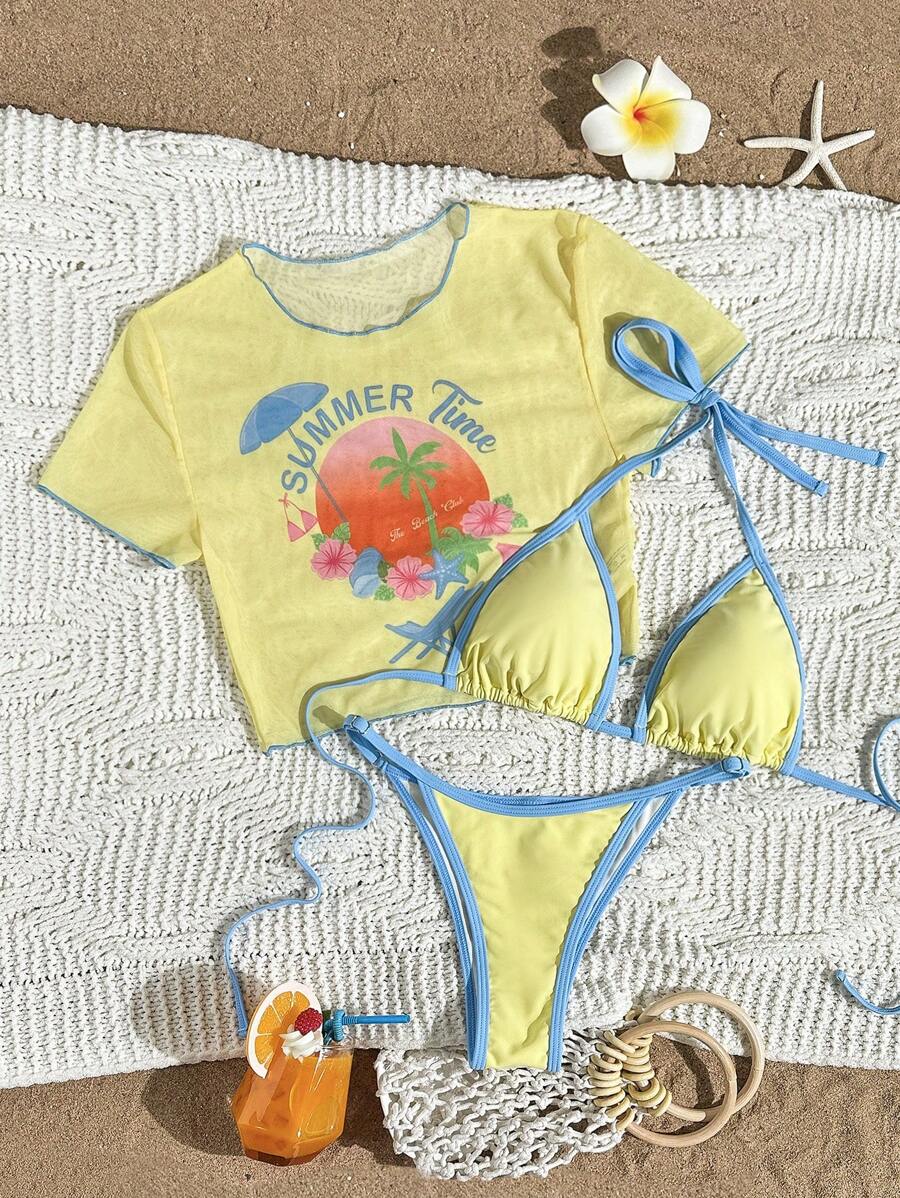 Swim Mod 2025新款女式印花三角比基尼上衣带网眼拼接比基尼套装休闲性感沙滩度假夏装