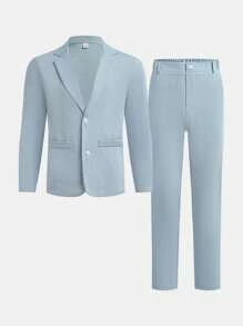 SHEIN 2pcs Teen Boys Casual Suit Set, Gentleman Style Streetwear Punk Rock School Outfit, Suitable For Spring/Summer Occasions Light Blue Suit Big Boy Suit,In Fall/Winter - Blue - View 5