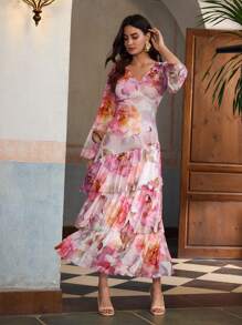 ZEYLAH Elegant V-Neck Ruched Waist Long Sleeve Dress With Print