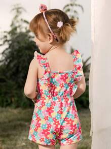 Cozy Pixies Baby Girl Floral Print Round Neck Ruffle Trim Sleeveless Romper Shorts - Multicolor - View 2
