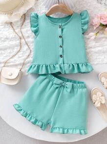 Young Girl Mint Blue Simple Cute & Elegant Round Neck Cap Sleeve Top And Shorts Set - Mint Blue - View 3