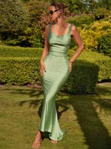 COSMINA 女士优雅露背长裙，纯色，夏季 - 綠色 - 查看 2