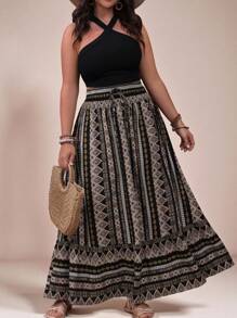 SHEIN VCAY Plus Size Women Bohemian Style Geometric Printed Skirt