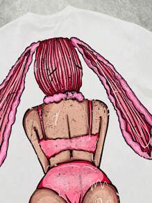Manfinity EMRG Camiseta oversize de estilo callejero con gráfico de chica conejo en el frente y la espalda (cuello ancho)