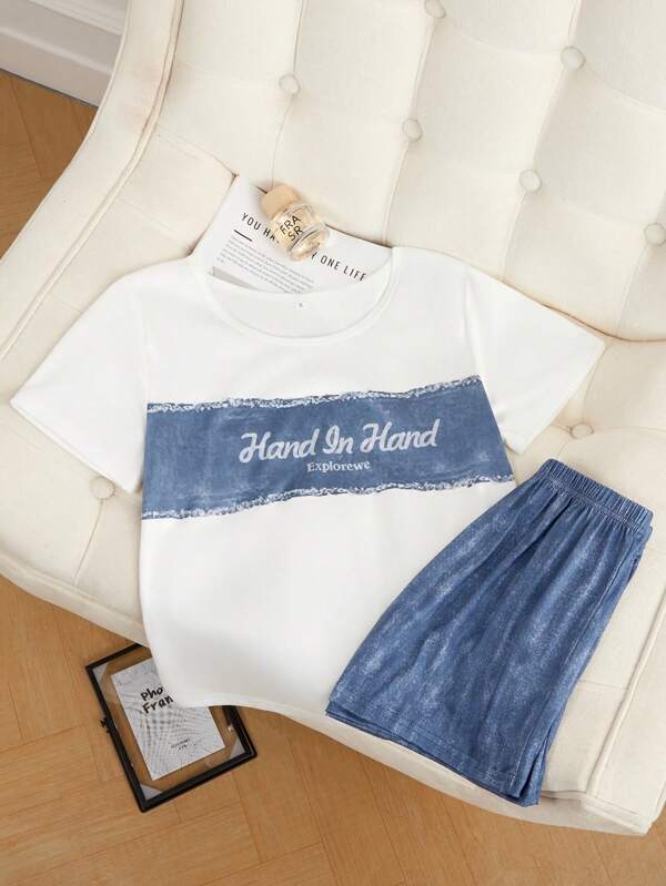 CoupledUp Denim Print Contrast Color Short Sleeve Shorts Women Pajama Set