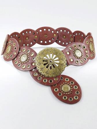 Hippie 1 pieza Cinturón de vestir boho western con accesorio de ojal metálico, flor hueca, remache tipo seta y adorno circular marrón, versátil para uso diario