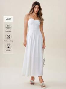Chiquease Vestido de lino largo y elegante con escote halter para mujer, para fiestas de verano - Blanco - Ver 4