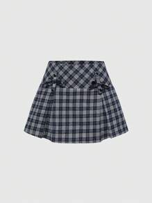ROMWE Kawaii Jupe décontractée à carreaux avec décoration de nœud pour femmes, été - Gris - Voir 1