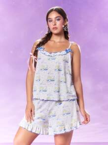 Pop Mart Azura X SHEIN Bộ đồ ngủ mùa hè in họa tiết hoạt hình cỡ lớn và quần short - trắng - Xem 3