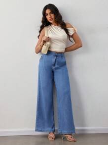 SHEIN Tall Jeans de pierna acampanada de ajuste holgado para mujeres, azul