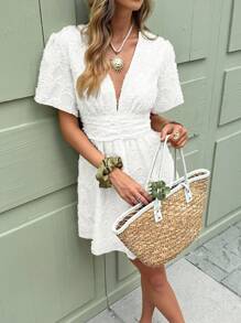 SHEIN Frenchy Women's Vacation Solid Color Jacquard Ruched Waist Short Sleeve Mini Dress Summer White