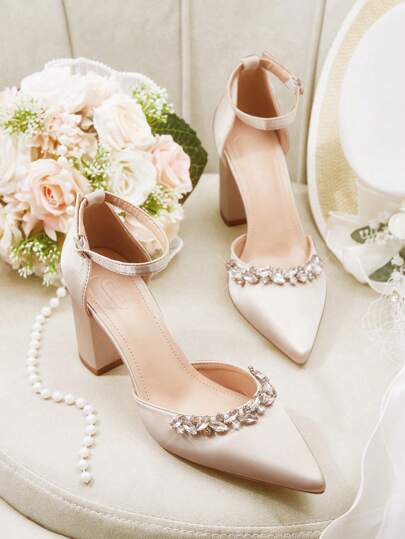 CUCCOO HITCHD Women's New Sparkling Rhinestone Square Toe Chunky Heel Elegant Romantic Champagne Bridal High Heels, Hollow Bridesmaids Party Dress Shoes, Fashion Wedding Formal Event Wear For Christmas Elegant Shoes