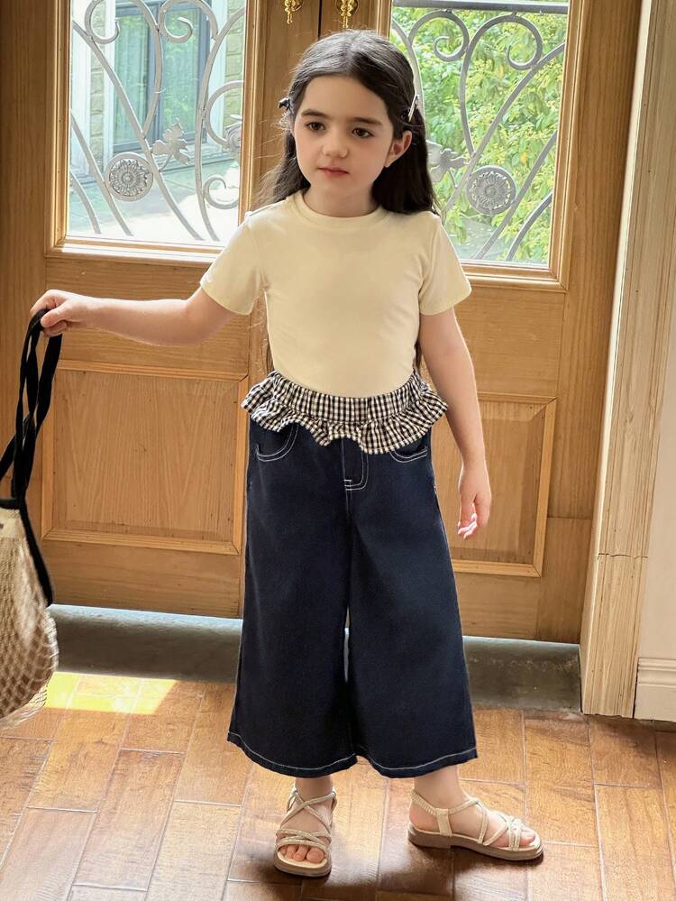 Young Girl 2 In 1 Plaid Patchwork Casual Jeans, Summer