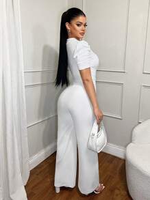 SHEIN SXY White Elegant Sexy V-Neck Jumpsuit With Waistline, Women Plus Clothing Business Casual, Women White Dress, Women Plus Clothing Formal, Women Summer Clothing, Wedding Guest Dress Women, Going Out Tops, Business Casual Woman, Teacher Outfits, Work Clothes Women, White Jumpsuit Classy Elegant, White Jumpsuit For Women, V Neck Jumpsuit, Teacher, All White - White - View 2