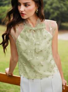 Vintamour 复古优雅刺绣网纱蝴蝶结休闲工作上衣夏季上衣 - 薄荷綠 - 查看 5