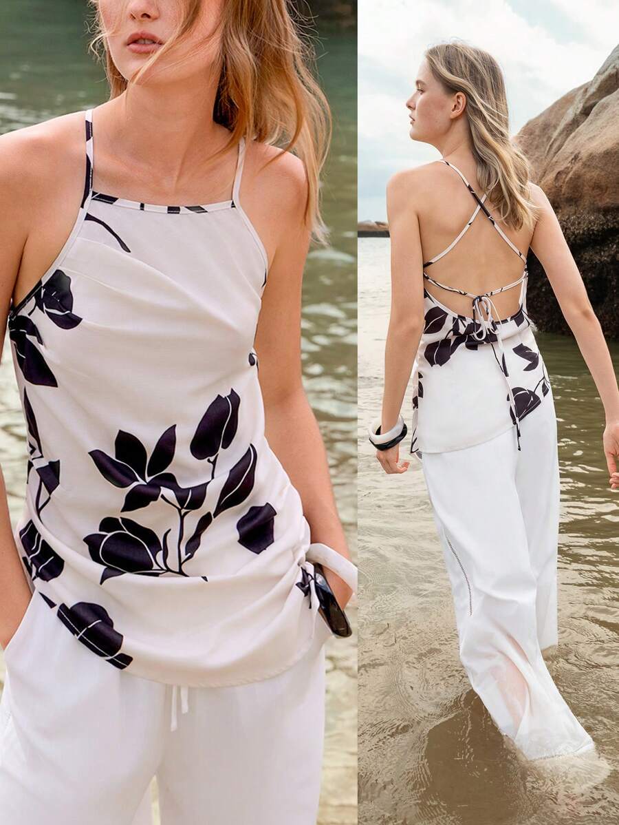 Lumivelle Women's Printed Pleated Camisole (Digital Printing) - Apricot - View 1