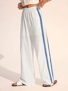 SHEIN Tall Women's Casual Eyes Embroidered Lace Panel Wide Leg Loose Pants