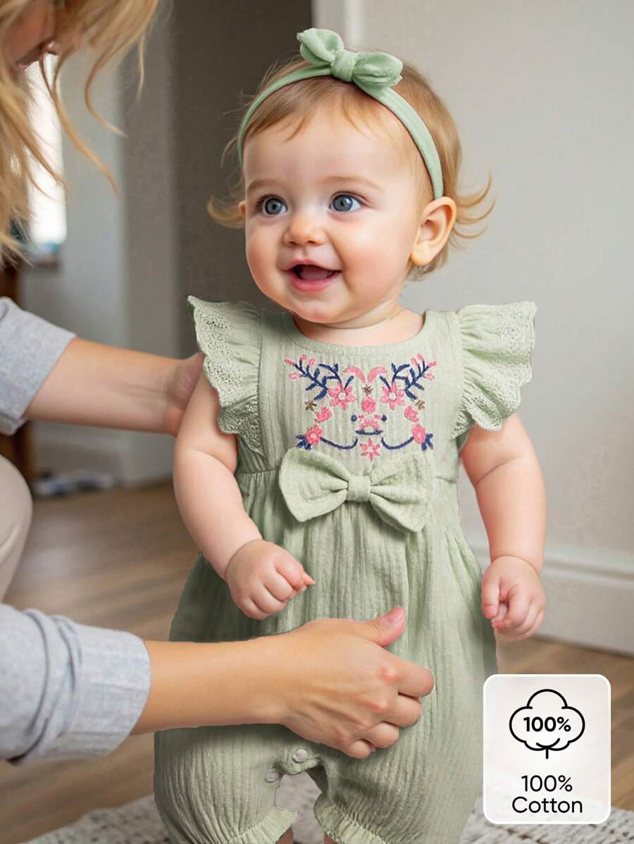SHEIN Vintaside Kids Baby Girls' Korean Style Casual Embroidered Flower Ruffle Hem Double-Sided Crinkle Romper, Summer - Green - View 1