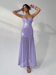 Aloruh Vestido de tirantes nuevo para mujer, vestido de verano para mujer, vestido de lentejuelas, vestido de estilo romántico retro de hadas en color púrpura claro, vestido extra largo, vestido de fiesta para mujer, vestidos para mujer en otoño, vestidos elegantes para mujer