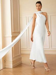 GENKIRA 高端设计简约复古古钱币棕色缎面裹领无袖斜肩连衣裙，春夏 - 白色 - 查看 7