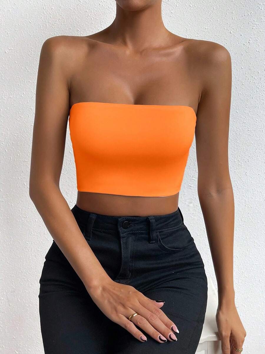 Allurite Women's Plain Color Cropped Fitted Tube Top, Summer, Orange Tube Top, Summer Tube Top, Cute Tube Top