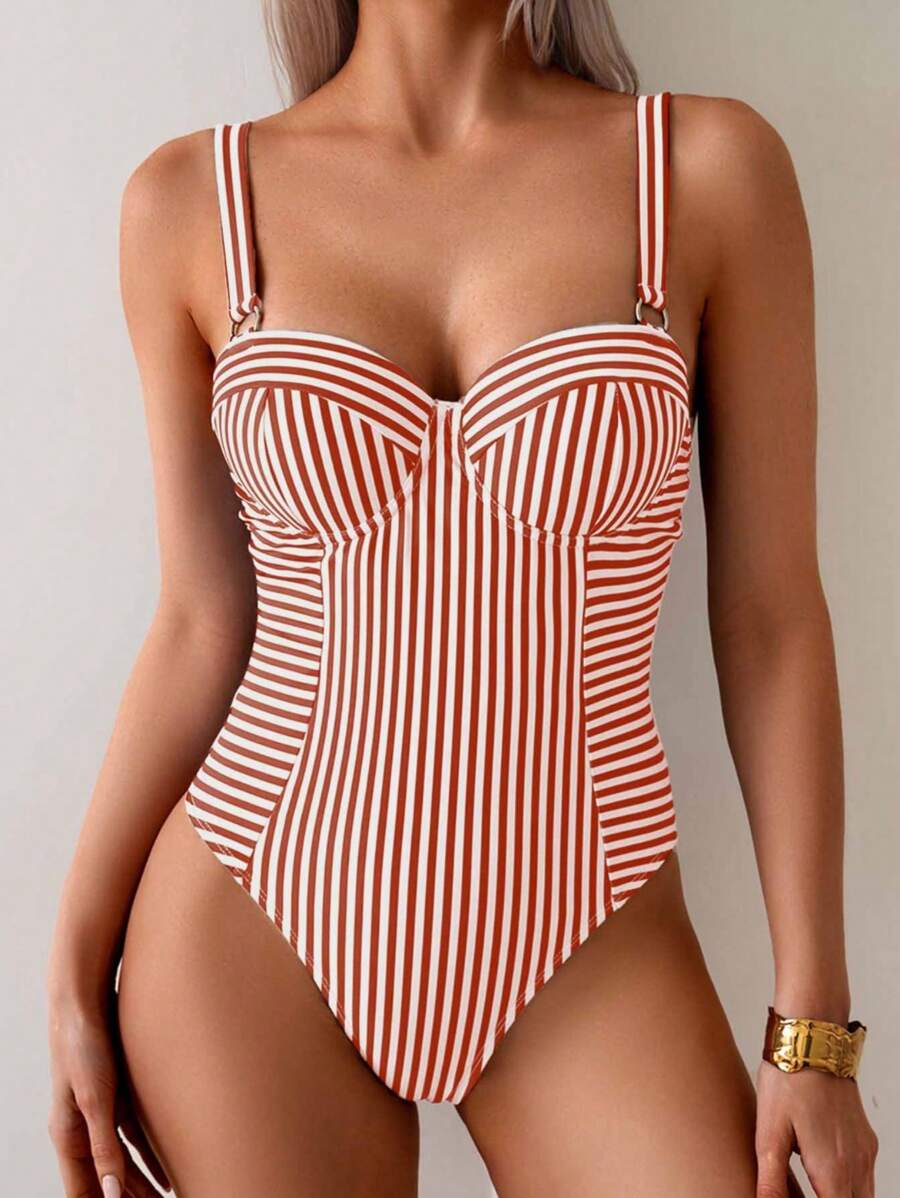 SHEIN Swim Chicsea 女士优雅条纹连体泳衣，带聚拢文胸，修身款式，休闲风格，适合海滩度假，红色条纹 - 紅色 - 查看 1