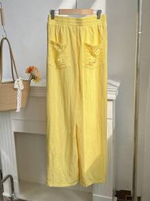 Comfortcana 大码女式夏季撞色蕾丝松紧腰阔腿宽松裤