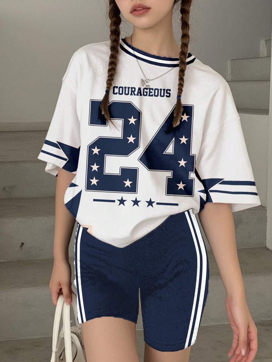 SHEIN Leap Crew Y2K 风格复古 24 号星星印花棒球夹克，运动风；青少年女孩休闲宽松条纹短袖 T 恤和骑行短裤 2 件套，适合夏季