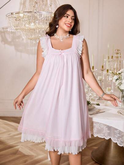 Trezura Plus Size Sweet Mesh Patchwork Pleated Bowknot Nightgown, Moo Moo