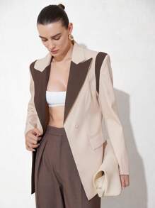 Aveloria Modichic 时尚通勤精致经典蓝黑拼色正面设计缺口领、V 领、收腰、修身、垫肩、合身单排扣长袖女式西装外套