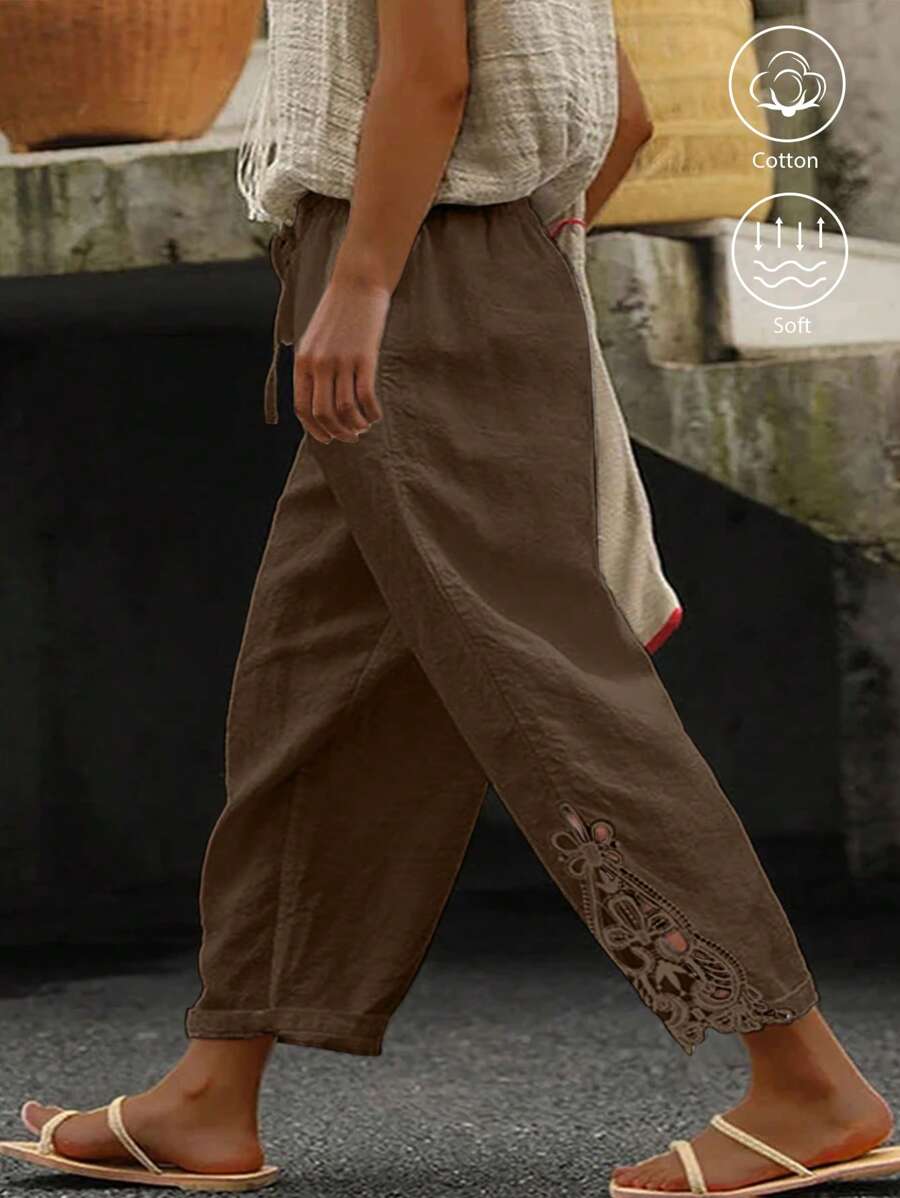 SHEIN Clasi Plus Size Casual Linen Pants With Embroidered Floral Lace Patchwork - Brown - View 1