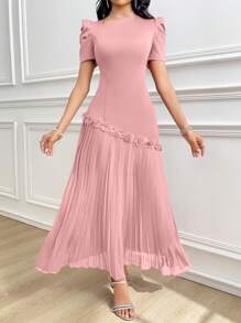 Modelyn Women's Solid Color Asymmetric Neck Short Puff Sleeve Floral Decor Ruffle Hem Elegant Dress