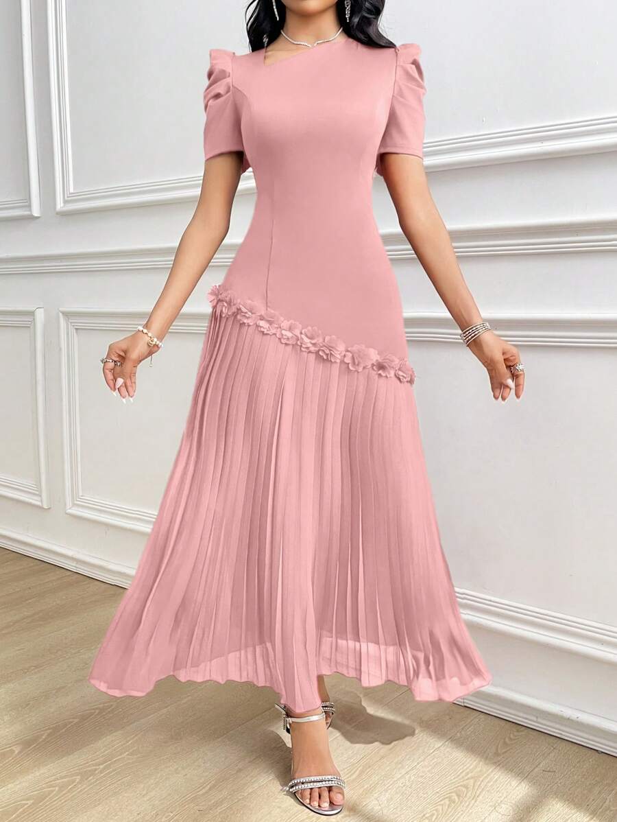 Modelyn Women's Solid Color Asymmetric Neck Short Puff Sleeve Floral Decor Ruffle Hem Elegant Dress