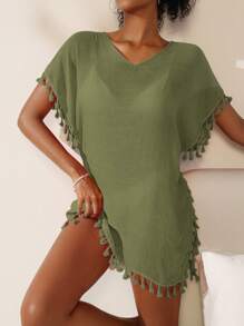 Swim Vcay Women's Solid Color V-Neck Batwing Sleeve Casual Cover-Up Top, Summer