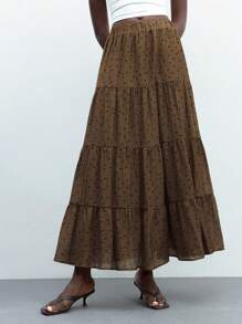 Maija Women's Polka Dot Elastic Waist Casual Boho Flowy Long Skirt, Summer - Khaki - View 1