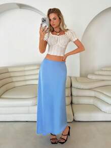 Roylia French Style Solid Color Low Waist Draped Satin Asymmetrical Hem Women Skirt Fall Cloth For Women - Blue - View 5