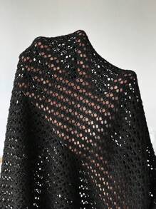 SHEIN EZwear 黑色不对称领透明休闲短袖露肩毛衣 - 黑色 - 查看 8