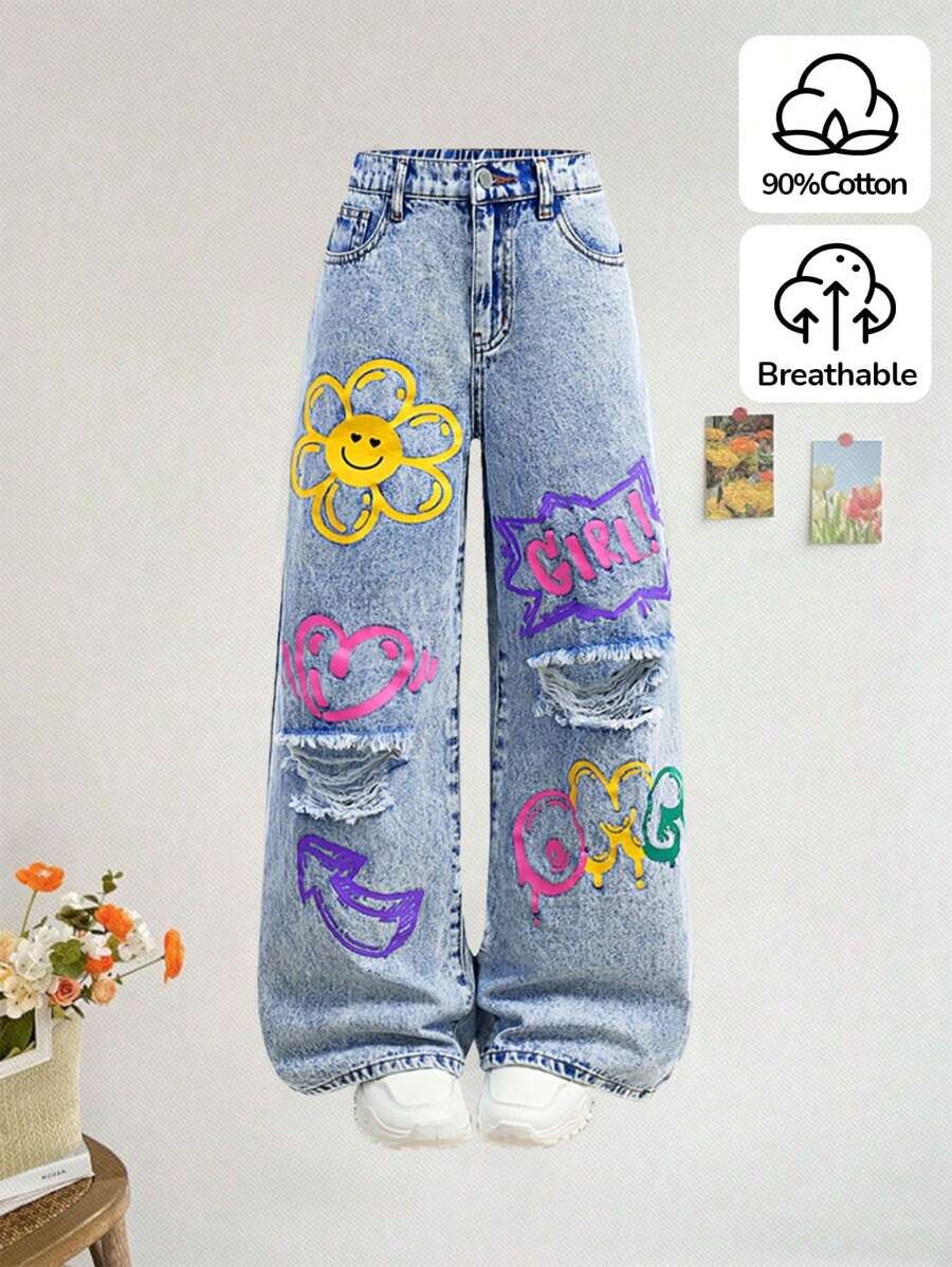 SHEIN Tween Girl Graffiti Distressed Ripped Snowflake Wide-Leg Jeans , Loose & Cute Straight Leg Pants - Medium Wash - View 1