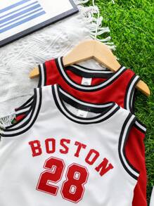 SHEIN Set de 4 piezas de ropa de verano informal para niño bebé que incluye camiseta de baloncesto con estampado y shorts